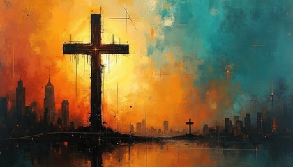 Artistic illustration shows dark cross silhouette against vibrant abstract background of city skyline at sunrise sunset. Spiritual artwork faith, urban life integration. Hopeful, evocative visual.