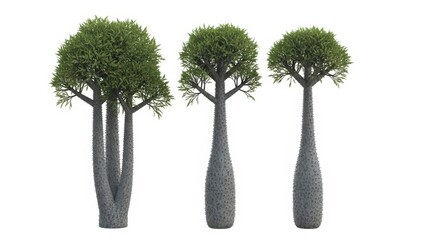 Baobab Trees Set, 3D Render, Isolated on White, African Landscape Elements