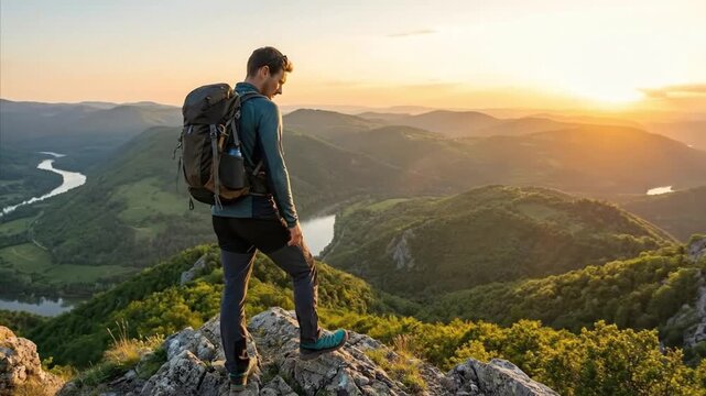 A solitary male hiker stands atop a rugged mountain peak, a large backpack on his shoulders, gazing out at a magnificent panoramic landscape during the warm glow of the golden hour. The vast scene fea