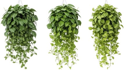 Hanging Pothos Plants on White Background, Green Foliage, Home Decor, Isolated