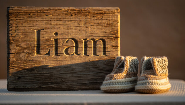Baby name Liam engraved on a wooden plaque with knitted baby shoes. Image for baby name reveal