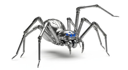 Detailed metallic spider with blue eyes isolated on white background
