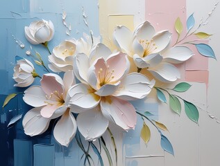 Textured floral impasto; white, pastel blooms; sweeping design. 3D petals, soft hues, calm geometric background. Modern impressionist, bold, serene. Wallart.