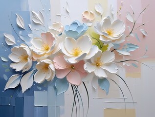 Textured floral impasto; white, pastel blooms; sweeping design. 3D petals, soft hues, calm geometric background. Modern impressionist, bold, serene. Wallart.
