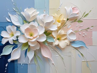 Textured floral impasto; white, pastel blooms; sweeping design. 3D petals, soft hues, calm geometric background. Modern impressionist, bold, serene. Wallart.
