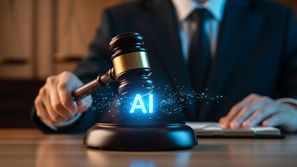 AI law and legal regulations, Artificial intelligence ethics, Digital justice and courtroom, Gavel striking glowing AI text
