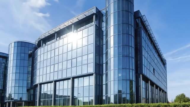 A striking modern corporate building stands prominently under a clear blue sky, its expansive facade featuring numerous reflective blue glass panels and sleek architectural curves. Sunlight glints bri