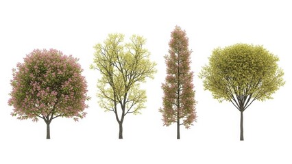 Variety of Trees Isolated on White Background, Botanical Illustration