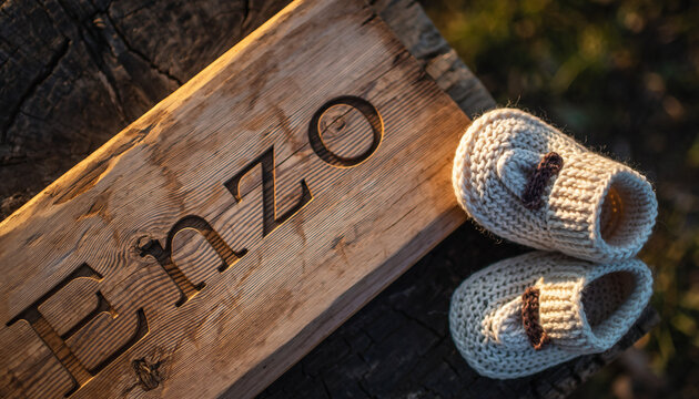 Baby name Enzo engraved on a wooden plaque with knitted baby shoes. Image for baby name reveal