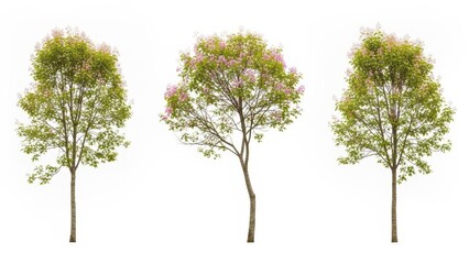 Trees Isolated on White Background, Three Green Trees, Nature Concept