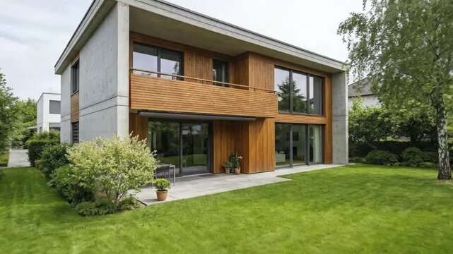 A stunning modern architectural dwelling stands prominently amidst a meticulously maintained green lawn and lush garden. The contemporary residence features a striking facade, harmoniously blending ra