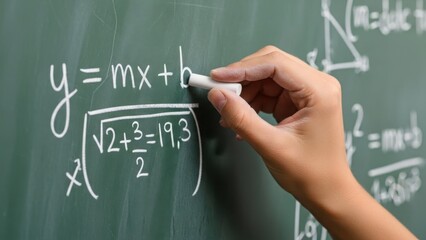 Close up of a student hand writing math equations on a green chalkboard. Algebra formula y=mx+b and geometry calculations. Education and learning concept
