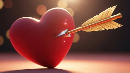 Red heart pierced by a golden arrow on dark bokeh background. 3D illustration of Cupid's arrow hitting a heart. Valentine's Day love concept