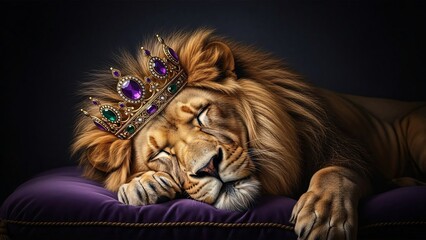 Majestic lion wearing a colorful crown peacefully resting on a luxurious purple cushion in a regal setting symbolizing royalty and strength