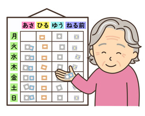 お薬カレンダーを確認して薬を手に取るおばあさん