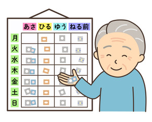 お薬カレンダーを確認して薬を手に取るおじいさん