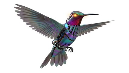 Fototapeta premium Detailed metallic hummingbird sculpture in flight isolated on white background