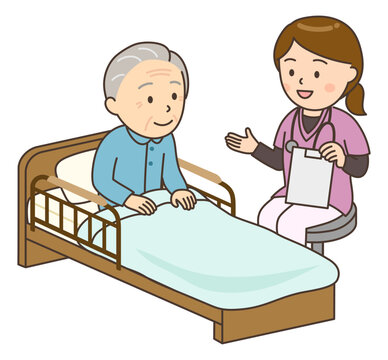 おじいさんとベッドサイドで寄り添う若い女性看護師