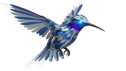 Obraz premium Metallic blue hummingbird sculpture in flight isolated on white background
