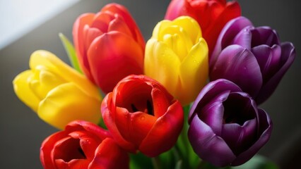 Close up of a colorful tulip bouquet with red, yellow and purple flowers. Fresh spring blossoms with water drops on petals. Floral background for Easter or Mother's Day