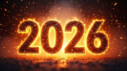 Bright fiery 2026 New Year celebration countdown with glowing numbers and sparks explosion for festive event or futuristic theme design