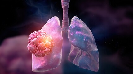 Lung Cancer Awareness and Medical Education Concept. A Detailed 3D Rendering of Diseased Human Lungs with Highlighted Tumor Cells, Symbolizing Illness, Oncology, and Healthcare. Suitable for Education
