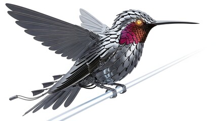 Obraz premium Detailed metal hummingbird sculpture in flight isolated on white background