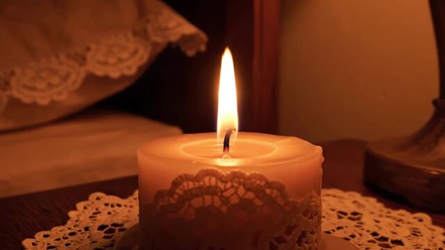 Cozy Evening Ambiance Candlelight On Nightstand In Bed Room Burning Decorative Lace Candle