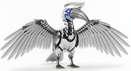 Futuristic mechanical bird with metallic wings and blue accents isolated on white background