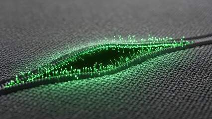 Abstract close-up of a vibrant green light source emanating from a textured surface, revealing glowing fibers and a futuristic aesthetic
