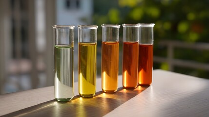 Five colorful liquids in test tubes arranged in a row on a table under sunlight