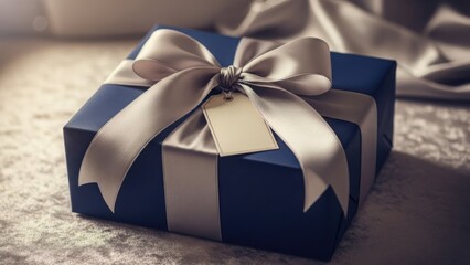 Elegant blue gift box with silver satin ribbon and bow. Luxury present with blank tag for text. Christmas or birthday celebration concept