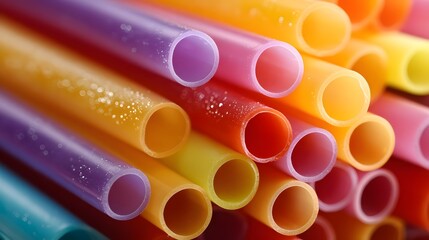 A close up ro shot of a pile of vibrant multi colored plastic drinking straws