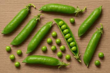 Collection of whole and open pea pods scattered across wooden table