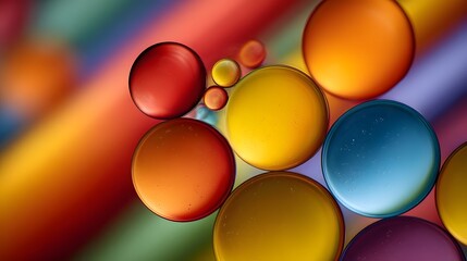 Abstract colorful oil droplets float in liquid creating a vibrant fluid and visually dynamic composition with a blurred background