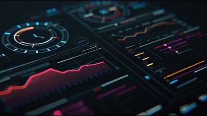 Futuristic UI screen displays animated progress bars and graphs in a dark environment. - Powered by Adobe