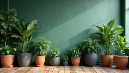 Row of potted green plants in terracotta, grey containers placed on wooden floor against dark green wall. Sunlight streams diagonally across wall creating shadows. Interior scene evokes calm natural