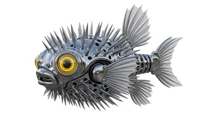 Obraz premium Mechanical pufferfish sculpture isolated on white background