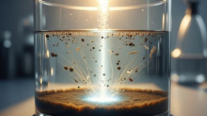 Advanced water purification Light energy beams penetrate sediment in a scientific beaker, demonstrating innovative environmental treatment of contaminated water