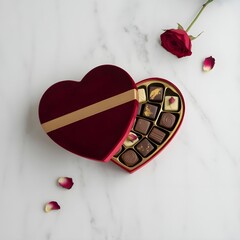 Heart-shaped chocolate box with rose petals