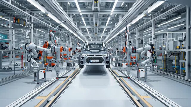 A bustling car factory with a large silver car in the middle of the assembly line. Electric car assembly interior, robotic efficiency, calm neutral tones, modern, electric car factory interior