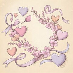 Delicate heart wreath with flowers and ribbons