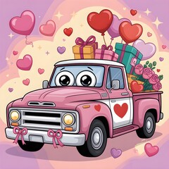 Pink truck with valentine's day decorations