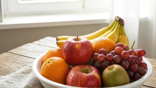 A vibrant assortment of freshly cleaned, ripe fruits is beautifully arranged in a classic white bowl, sitting invitingly on a rustic wooden table. The colorful collection prominently features crisp re