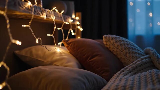 Cozy Evening Still Life Scene Featuring Cushions And Twinkling Festive Lights For Relaxation