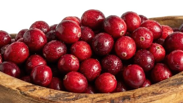 A vibrant close-up shot reveals a bounty of fresh, plump red berries, each glistening with delicate water droplets, artfully arranged within a rustic wooden bowl. The rich crimson hues and natural tex