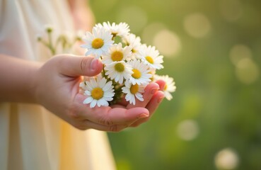 Close-up view of a small hand holding a bouquet of daisies. The child gently gathers white flowers with yellow centers. Soft light illuminates the bloom and petals in a green grassy meadow.