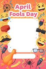 April Fools Day Festive Frame Template with Prank Props, Rubber Chicken, and Emojis on Orange Background