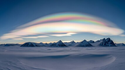 Vibrant rainbow cloud arcs over snow covered mountain peaks at sunset
