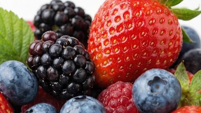 A vibrant, detailed close-up shot showcases an enticing assortment of fresh, ripe berries. The foreground features luscious red strawberries, deep blue blueberries, and plump red raspberries, while ri